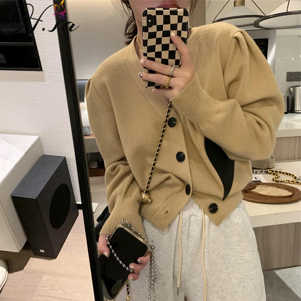 Hsa 2021 Women Sweater Top Heart Printed Khaki Single Breated Knitted Cardigan Loose All-Match V-neck Women's Coat |