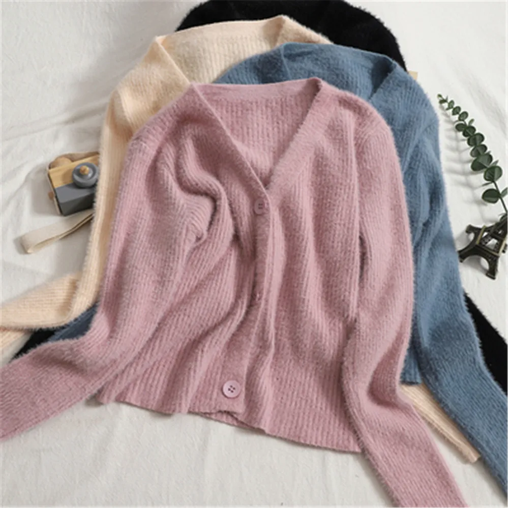 Женский трикотажный кардиган толстый кашемировый свитер с V-образным вырезом и
