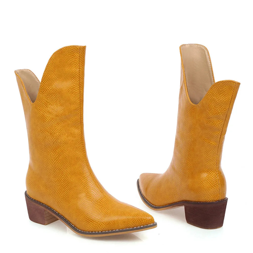 Solid Color Boots Women's Ladies Leisure Rome Large Size Slip-On Square Mid-heel Boot Shoes PU leather Booties zapatos de mujer