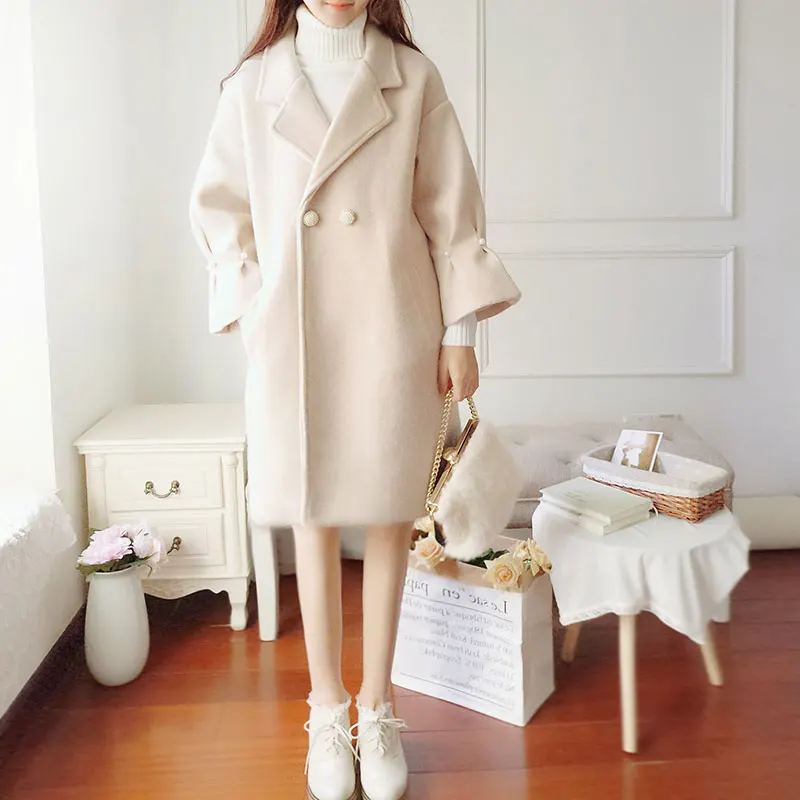 Корейское модное женское Шерстяное Пальто на осень и зиму, абрикосовое, розовое, Формальное, элегантное, теплое, верхняя одежда, для офиса, леди, длинное кашемировое пальто