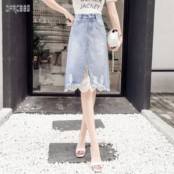 

New Arrivals Summer Lace Patchwork Women's Mid Denim Skirt Cotton Casual High Waist Pockets Women Tassel Hole Jeans Skirt Femme