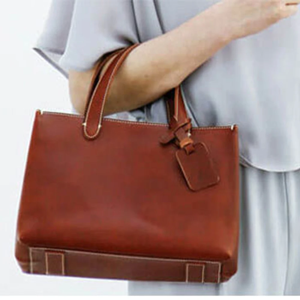 DIY leather craft women handbag 500gsm kraft paper die cutting sewing pattern stitch hole english version template 30x25x14cm