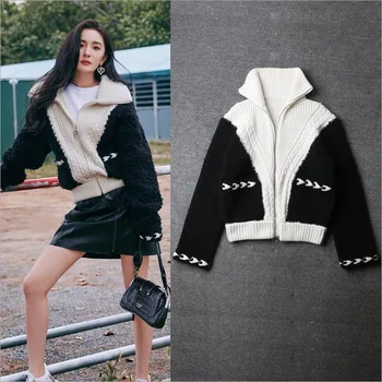 

Yang Mi Woolen Sweater Cardigan Short Coat Women Fall Winter Black White Loose Fashion Zipper Knitted Coats Cardigans Sweaters