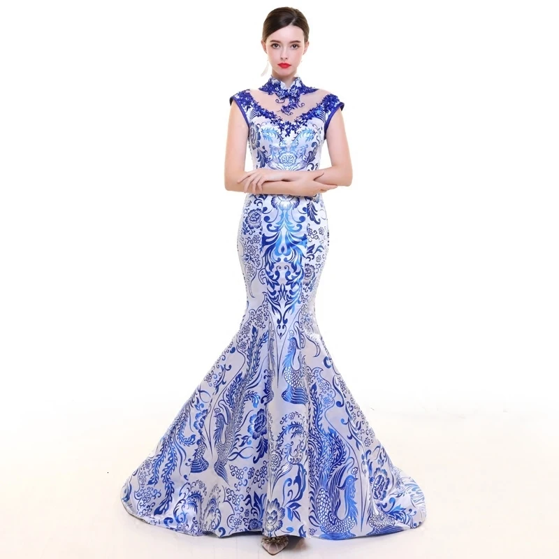 Голубое и белое Чонсам длинное Бандажное современное Qipao Восточное вечернее платье женское банкетное Vestido Chino винтажное свадебное