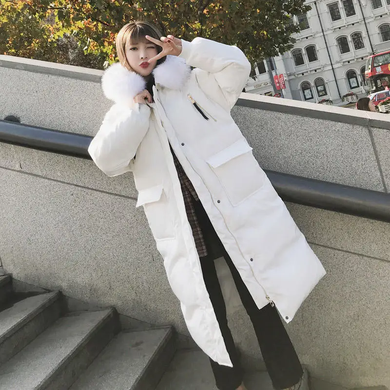 Зимняя куртка женская длинная парка теплое пуховое хлопковое пальто с капюшоном женское толстое стеганое негабаритное свободное зимнее пальто женская одежда Q2023 - Цвет: White Parkas