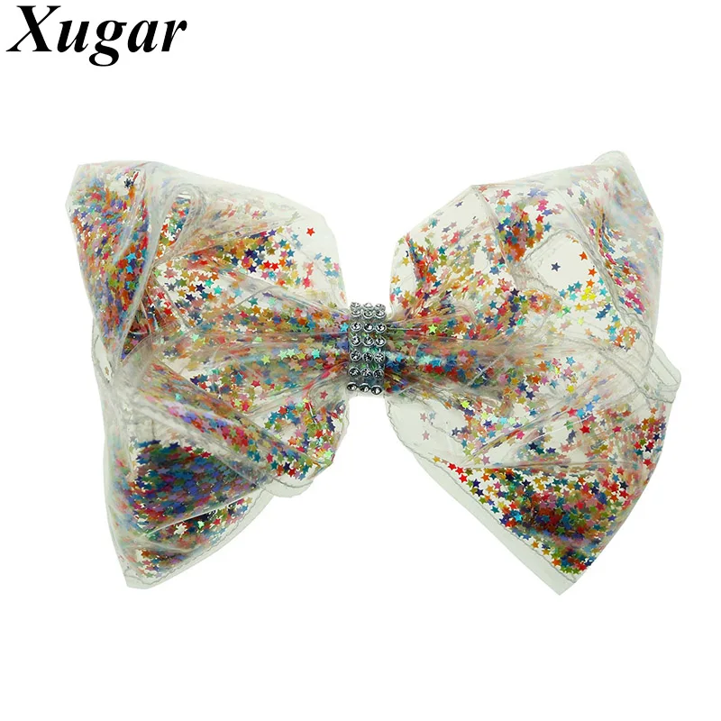 

6" New Jelly Bows Plastic Hair Bow for Girls Colorful Sequin Transparent Hair Clips with Rhinestone Kids Hair Accessories