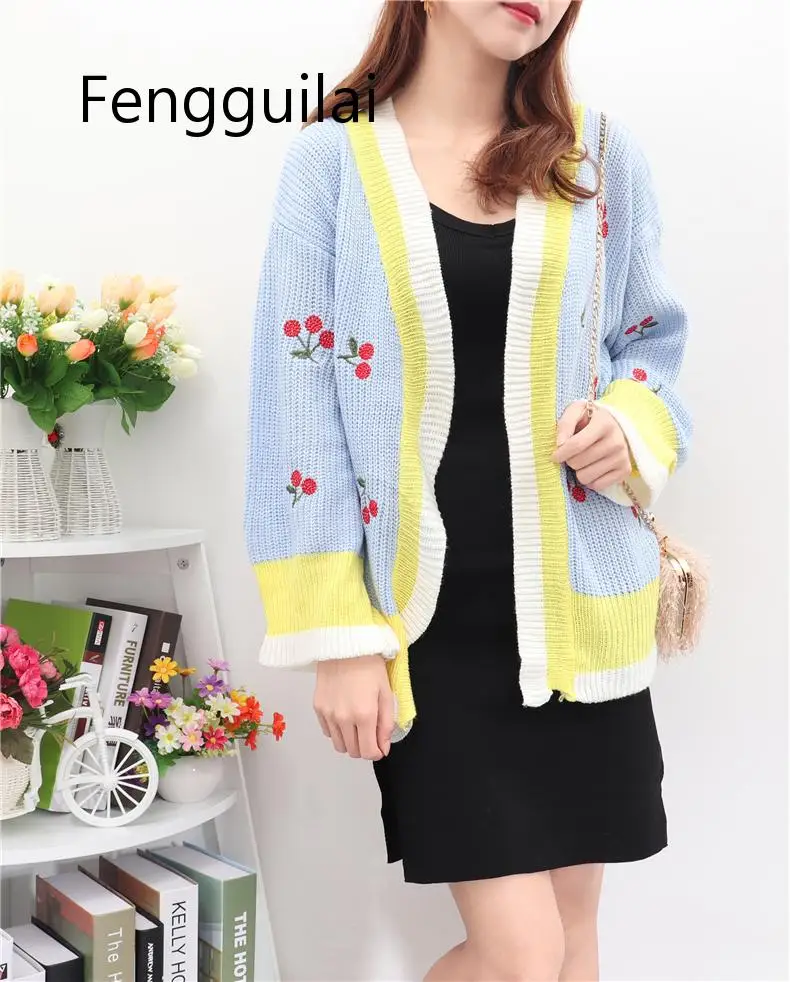 FENGGUILAI Womens Autumn Thin Sweater Cardigans Plus Size Sweet Cherry Embroidery Kawaii Patchwork Sweater Knitted Wear Female FENGGUILAI Womens Autumn Thin Sweater Cardigans Plus Size Sweet Cherry Embroidery Kawaii Patchwork Sweater Knitted Wear Female