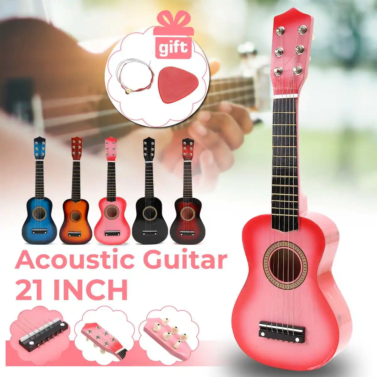 21inch Guitar Music Educational Toy Gift for Kids Children Guitar Stringed Instrument with one Pick and a String Red Brown