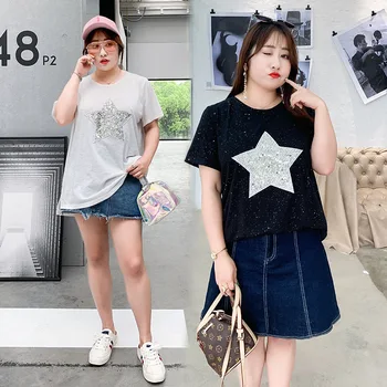 

Plus Size summer woman tops shiny loose short sleeve T-shirt Bright harajuku women stylish bright Mid Length T-shirt