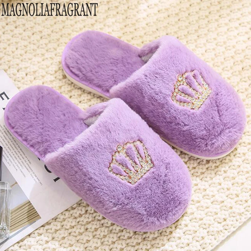 

Girls Flats crystal crown slippers comfy winter brief woman shoes Soft bottom home slip on warm Package toe plush slippers y385