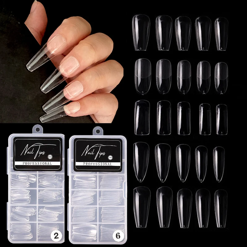 100pcs/box Clear Acrylic False full cover Nail Tips Nails Extension Stiletto Coffin Fake faux ongle french capsules ongles | Красота и