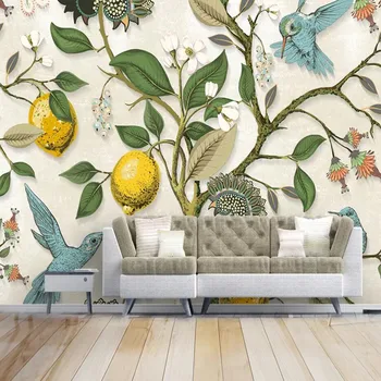 

Custom 3d hand drawn tropical plants flowers and birds background wallpaper mural