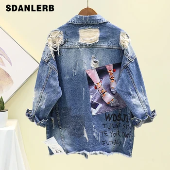 

2019 Autumn New 9-point Sleeve Patch Rhinestone Printing Holes Denim Coat Jacket Female Beggars Clothing Casaco Feminino
