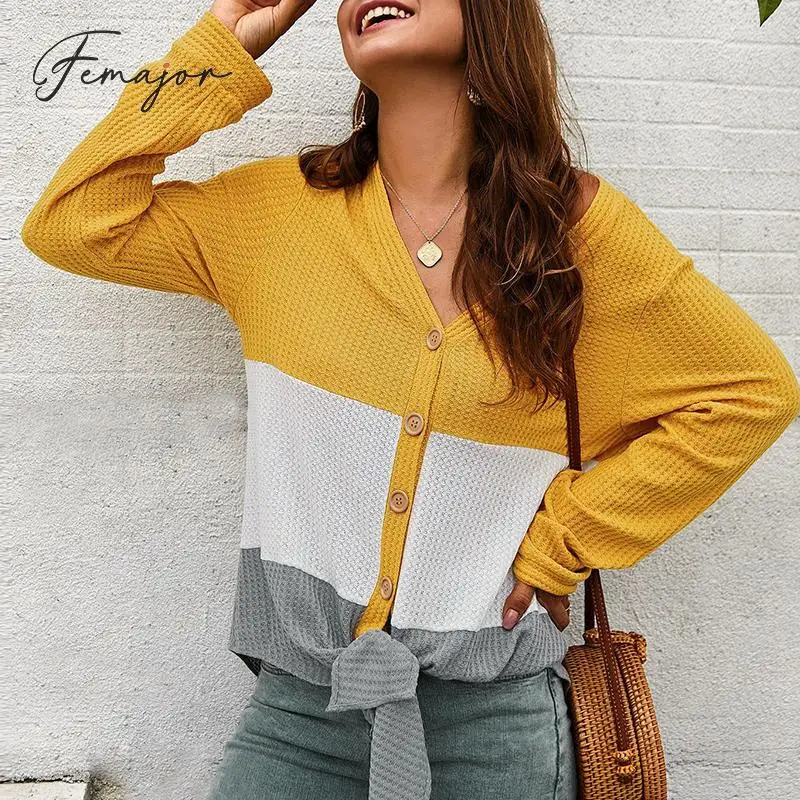 

Femajor Women Casual Color Block Cardigan Sweater Female Fashion Bow Lace up Knit Jacket V Neck Button Plus Size Sweater Coats