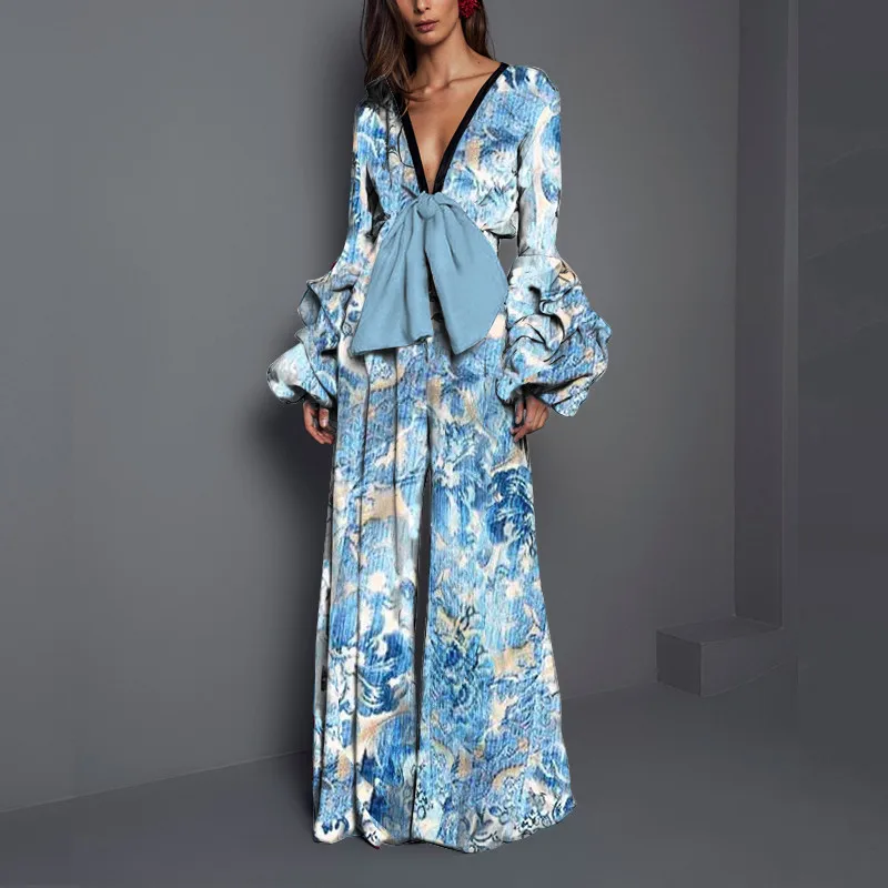 Fashion Women Lantern Sleeve Print Jumpsuits Sexy V-Neck Boho Wide Leg Jumpsuits Bohemian Lady Long Sleeve Summer Beach Overalls