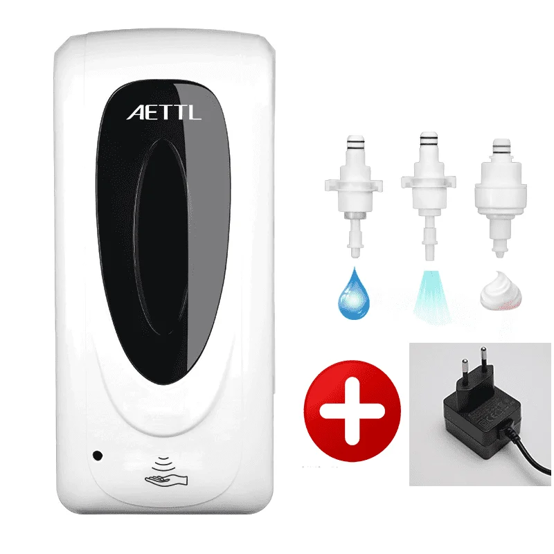 Distributeur gel hydroalcoolique installé dans un couloir, mains sous la buse.
