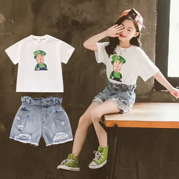 

Toddler Kids Baby Girls Short Sleeve Cute Girls Pattern T-shirt Tops + Hole Shorts Outfits Summer Casual Children's Clothes Set
