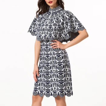 

2019 Autumn Winter Women Print Shawl Dress Lady Cloak sleeve Fashion High Quality Chinese style Dress 2 Color HX1026