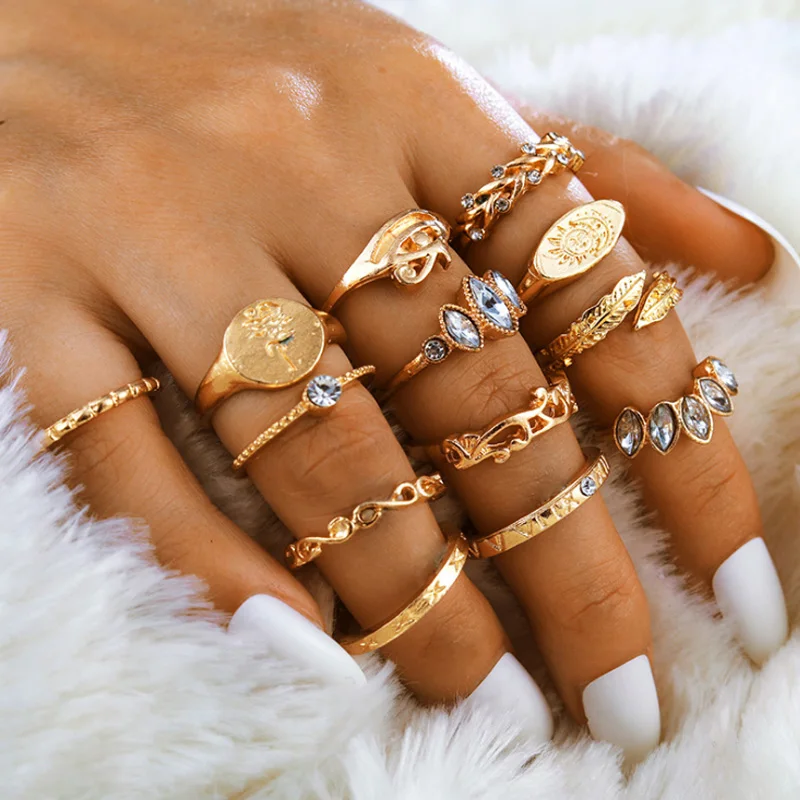 Tocona 13pcs/sets Boho Shiny Crystal Rhinestone Gold Ring Sets for Women Men Rose Eyes Leaf Geometric Wedding Jewelry 9874 | Украшения и