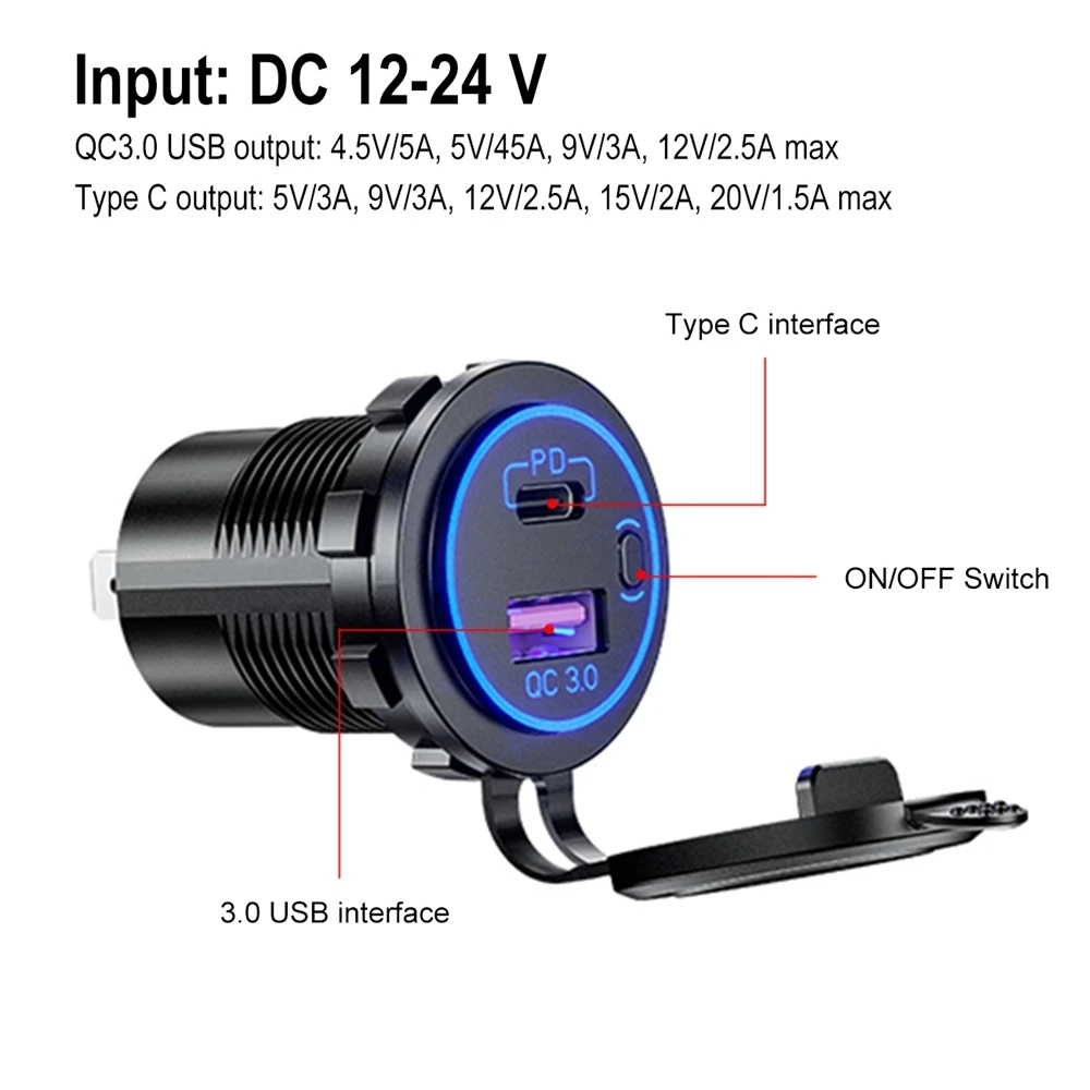 USB 차량용 충전기 PD 타입 C QC 3.0 고속 충전 전원, 스위치 포함, 범용 오토바이 자동차 트럭 RV ATV 보트, 60W