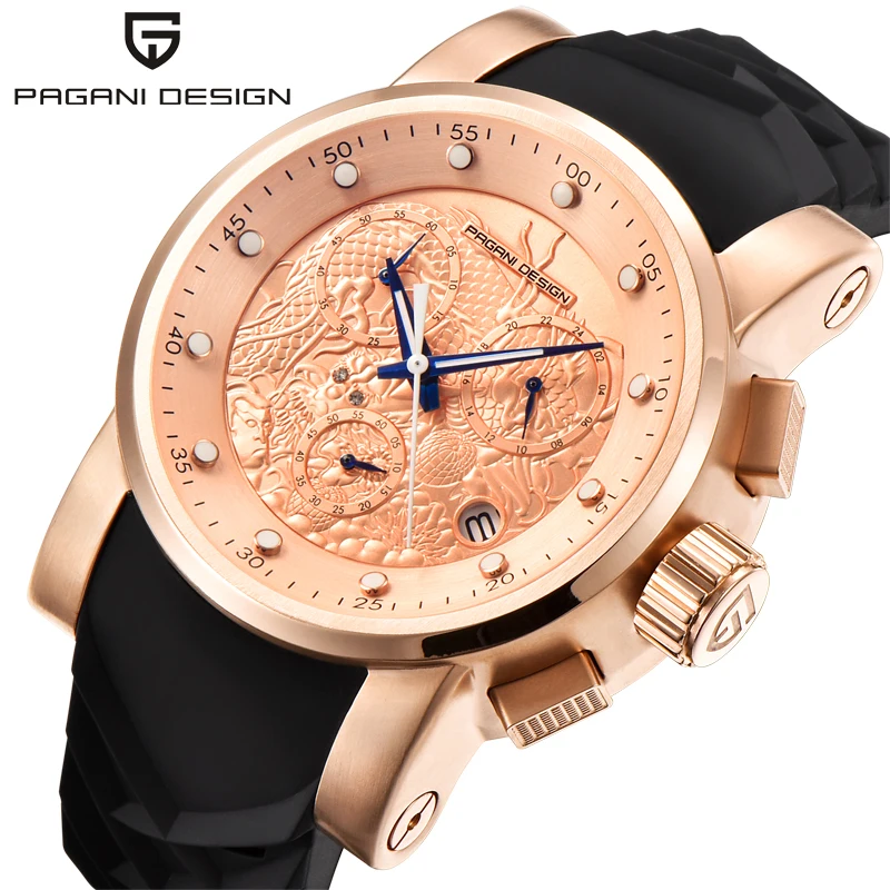 

Top Brand Hot Men Quartz Watch PAGANI DESIGN Chinese Dragon Calendar Silicone Strap Multifunction Chronograph Waterproof Watch