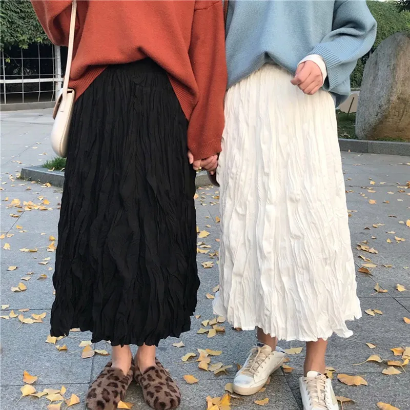 Женская юбка, модная, осенняя, эластичная, высокая талия, шифон, плиссированные юбки, сплошной цвет, дикая, плиссированная юбка