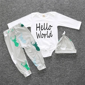 

Baby Clothes Sets Newborn Baby Boy Romper Suit Casual Long Sleeve Tops Letter Romper + Cartoon Deer Pants Hat Grey Sets 3pcs