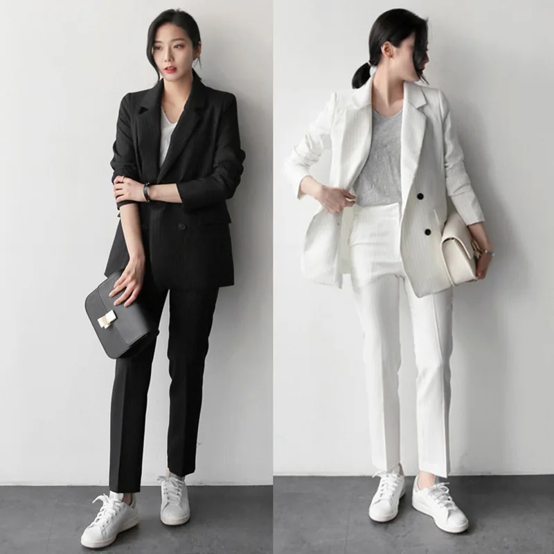 Women's suit autumn new casual fashion temperament slim stripes wild double-breasted suit trousers two-piece