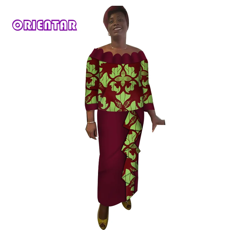 

African Outfits Women Bazin Riche African Wax Print Tops and Skirts Fashion Slash Neck Blouse Ankle-Length Long Skirt Set WY3917