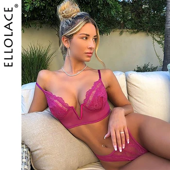 

Ellolace Deep-v Lingerie Underwear Set Women Lace Transparent Bra Set Female See Through Mesh Lingerie Sexy Hot Erotic Wholesale