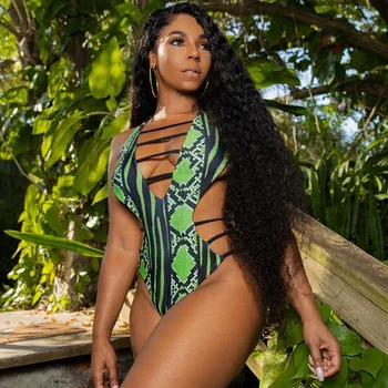 

2020 swimsuit snakeskin printing one-piece big size fat woman swimsuit multi-rope sexy hollow
