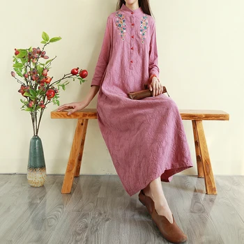 

2020 national floral print cheongsam chinese dress for women skirt embroidery tangsuit qipao linen long sleeve dresses elegant
