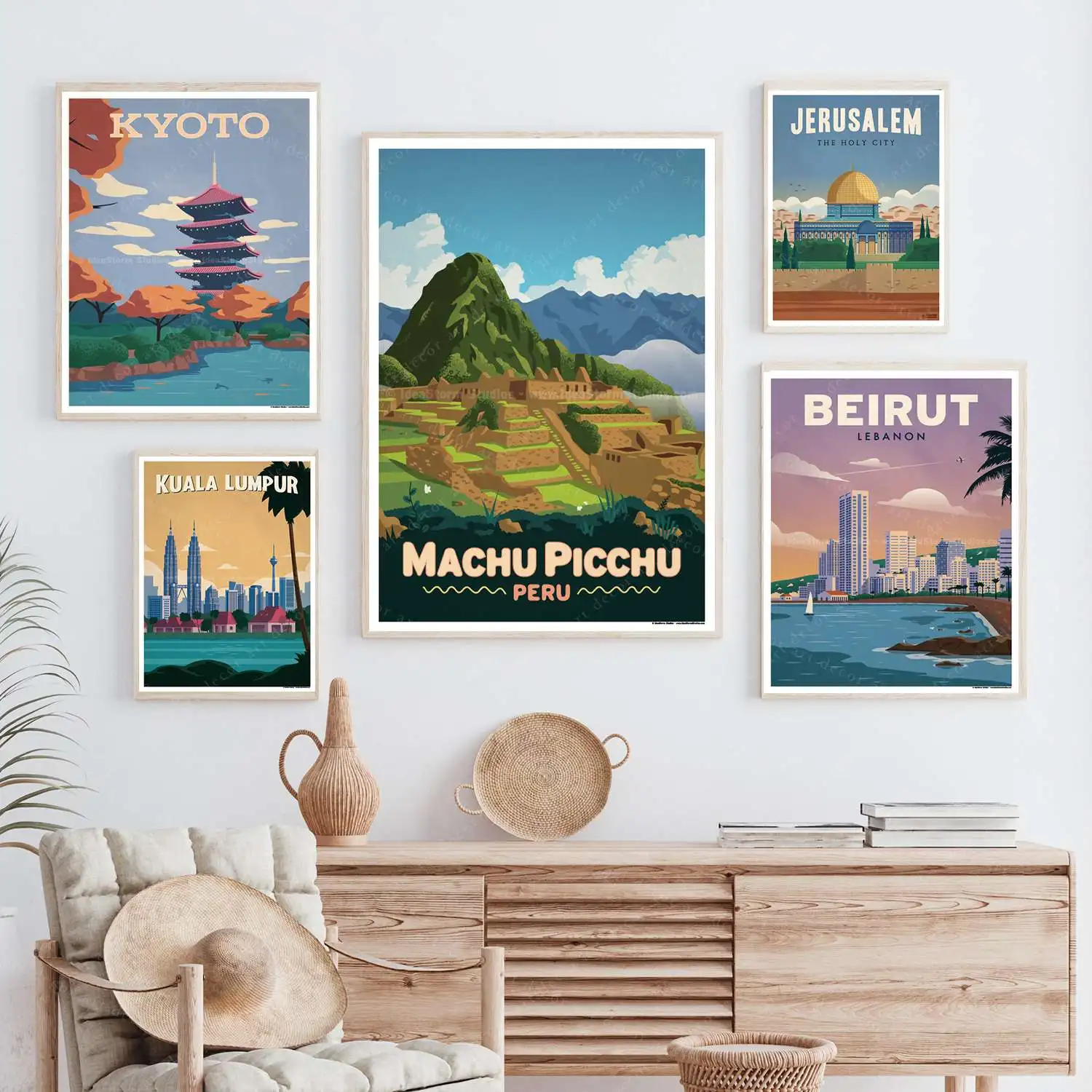 Bali Beirut Beijing Kuala Lumpur Landscape Art Poster Painting on Canvas Wall Sticker Home Decor Gift Kraft Poster Vintage Retro