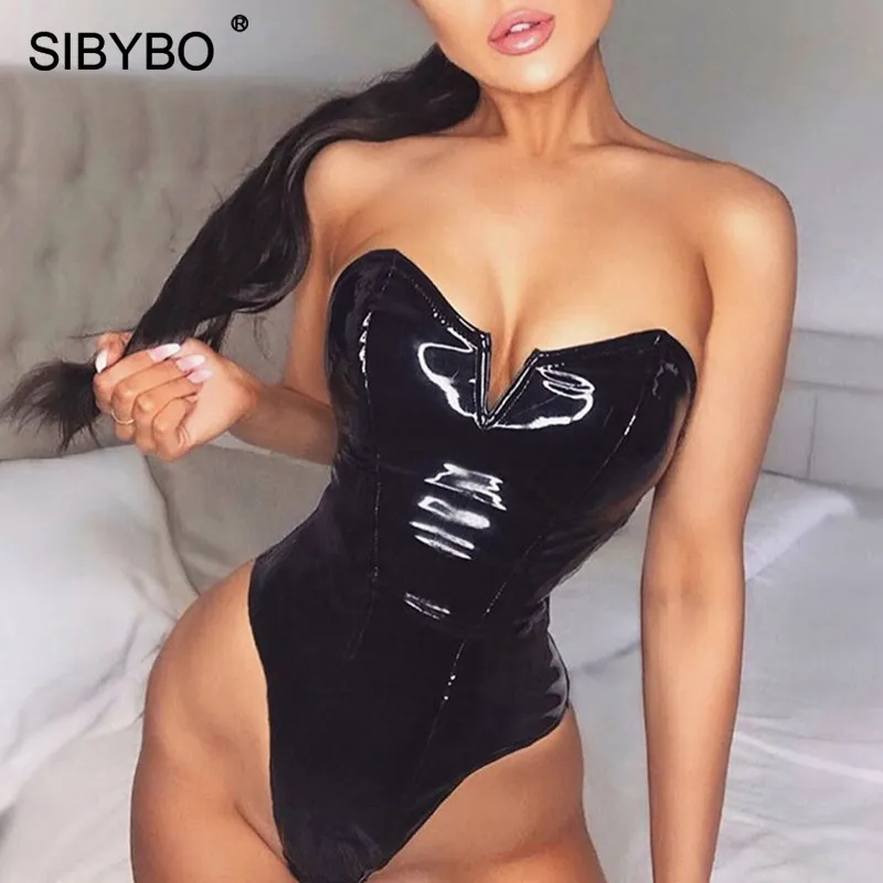 Женское боди без бретелек SIBYBO черное из искусственной кожи с открытыми плечами и