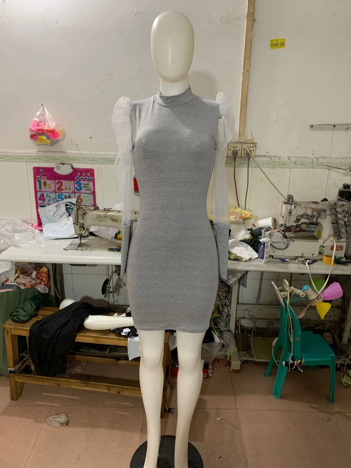 Женское просвечивающее облегающее платье, женское лоскутное Пышное Платье с длинным рукавом и круглым вырезом, вязаный свитер, платье-футляр, повседневное мини-платье - Цвет: Серый
