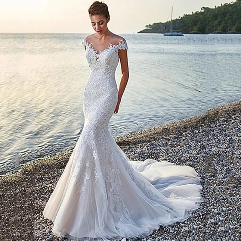 

Mermaid Wedding Dresses 2020 Off The Shoulder Button Back Appliques robe de mariee Bridal Dresses Wedding Gowns