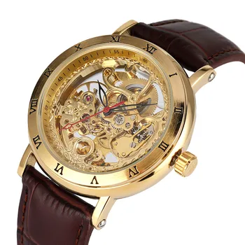 

Luxury Gold/Silver Transparent Skeleton Mechanical Self-Winding Men's Watch Genuine Leather Automatic Timepieces Man Wristwatch