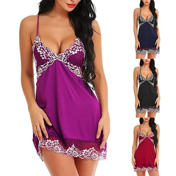 

2020 Women Corset Lace Nightdress Summer Ice Silk Spaghetti Strap Backless Sexy Off Shoulder V Neck Sleepshirts Sleep Dress
