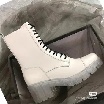 

Women's Winter Boots Genuine Leather platform Boots Black Martens Ankle Boots Motorcycle Thick Heel Boots FP-02