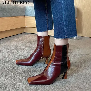 

ALLBITEFO square toe genuine leather brand high heels ankle boots for women autumn women boots retro women heels