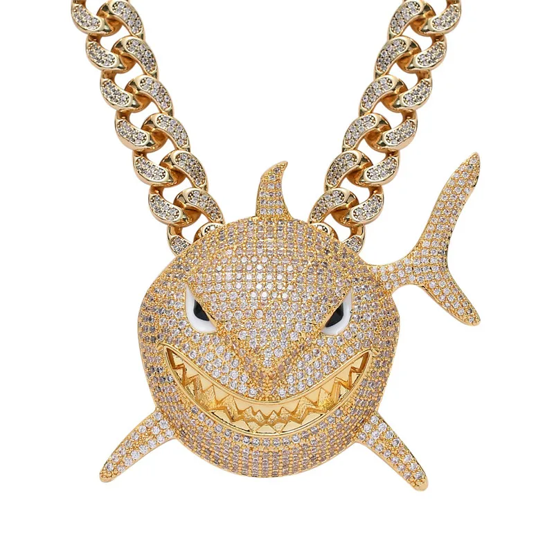 6IX9INE Shark Pendant Necklace With Iced Out Crystal Miami Cuban Link Chain 