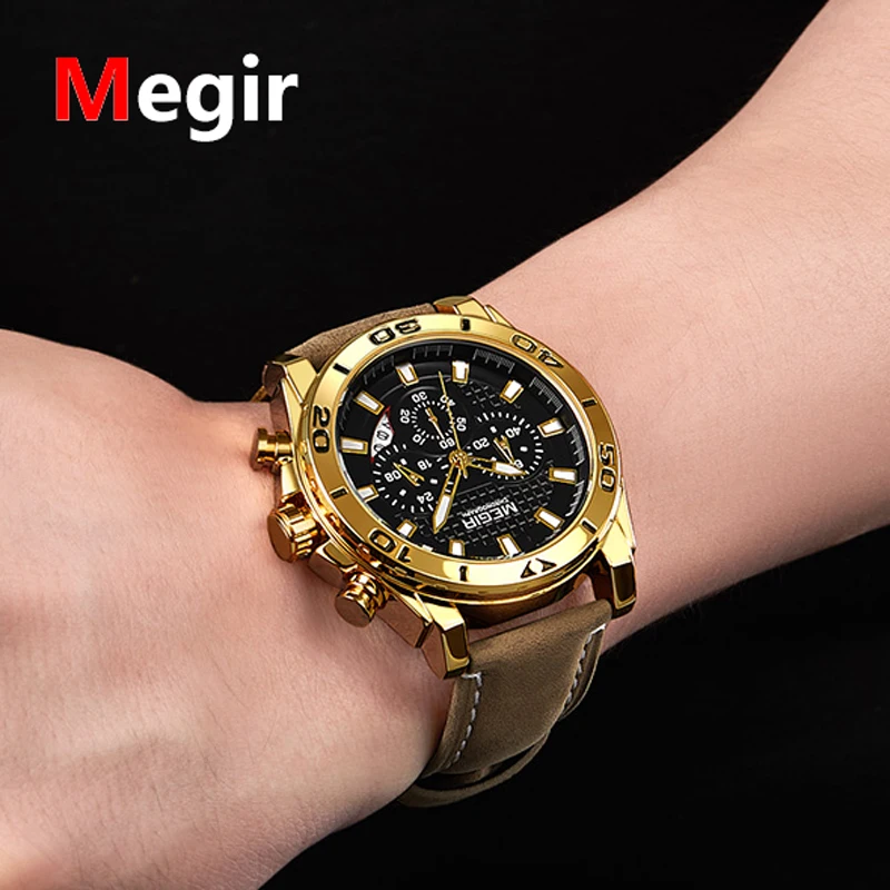 Megir, мужские часы, Топ бренд, роскошные, хронограф, большой циферблат, мужские часы, наручные, кожа, водонепроницаемые, спортивные, армейские, военные, мужские часы