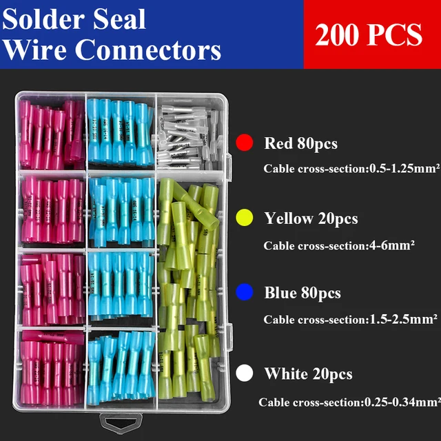 20/50/100/200/220PCS Solder Seal Wire Connectors splice Waterproof Heat Shrink Solder Butt Connectors Electrical Wire Terminals 200pcs of 4 sizes