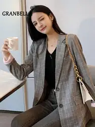 1 2019 женский офисный женский клетчатый Блейзер двубортный длинный рукав свободные женские блейзеры винтажный отложной воротник