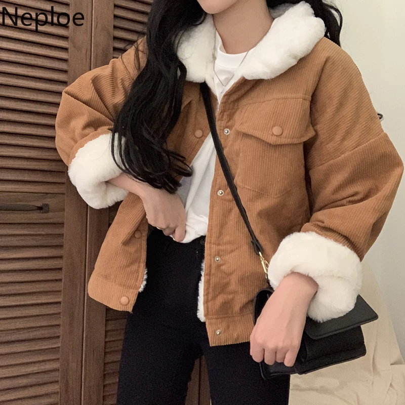 

Neploe Lambwool Patchwork Women Elegant Parkas 2020 New Winter Thicken Jackets Single Breasted Fleece Warm Coat Outwear 56519