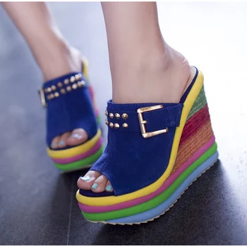 

New Women Platform Wedges Slippers Fashion Colorful High Heels Ladies Peep Toe Female Slides Woman Shoes Outdoor Footwear