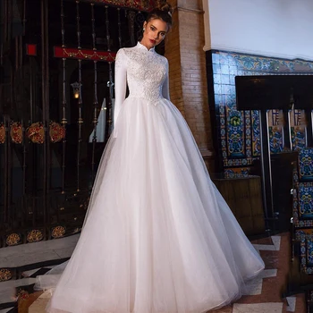 

Sevintage Moroccan Kaftan Wedding Dress High Neck Long Sleeve Appliques Lace Muslim Bridal Gowns Soft Satin Tulle Bride Dress