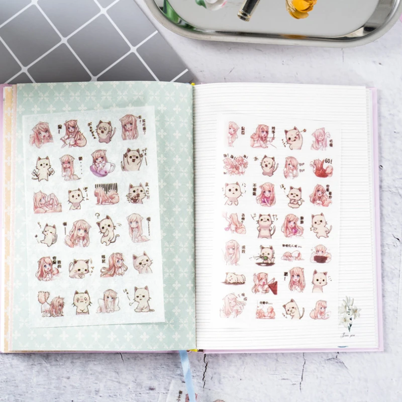 

6pcs/lot Lovely Secondary Girl And Cat Sticker Multifunction Label For Decoration Homemade Gifts