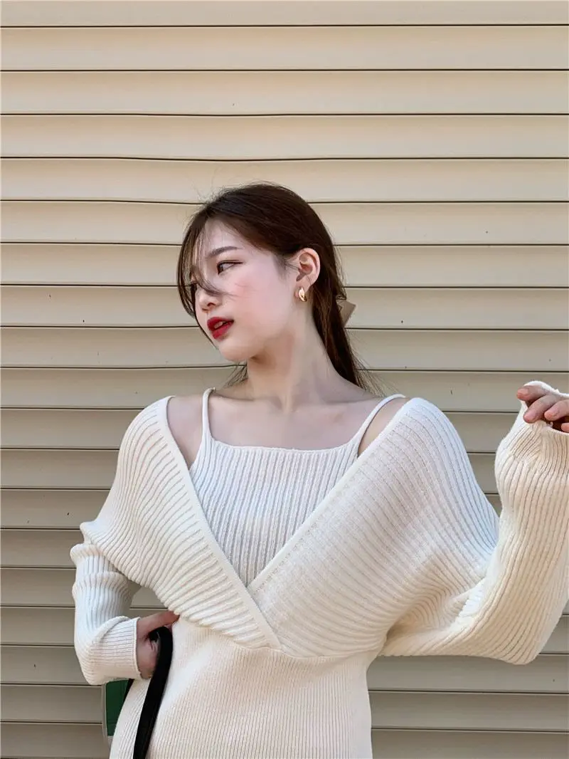 Long Sleeve Dress Women Stylish Fake 2 Pieces Tender Square Collar Mini Preppy Ulzzang Knitting Daily Sexy Ladies Vestidos Soft cocktail dresses