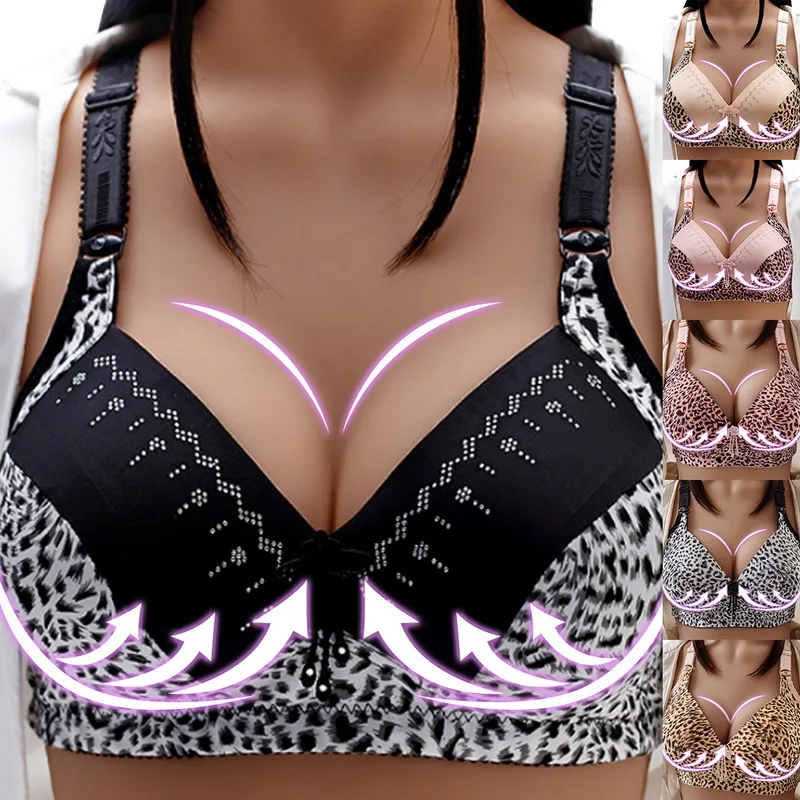 Sexy Leopard Push Up Bras For Women Fashion Front Closure Underwear Wire Free Girl Lingerie Tops Wide Strap Female Bralette strapless